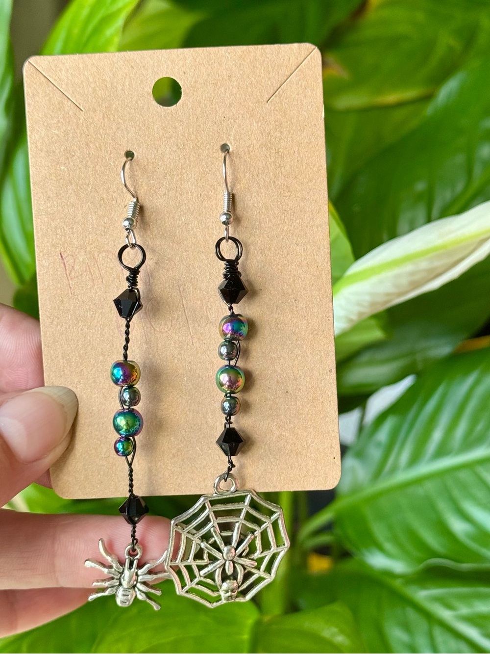 Handmade RAINBOW HEMATITE Spider + Web Earrings